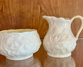 Belleek Ireland Lotus Pattern Sugar Bowl & Creamer Pitcher