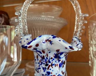 Murano Style White, Blue & Red Splatter Art Glass Basket