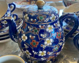 Japanese Satsuma Style Blue & Floral Tea Set