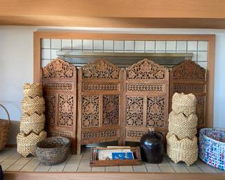 Intricately Carved Wooden Table Screen – Made in India, Hand Woven Hawaiian Lauhala Nesting Baskets