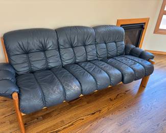Mid Century Style Teak & Blue Leather Couch