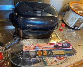 Enamel Roasting Pan, Sharper Image Grill Fork Thermometer, Taylor Candy Thermometer