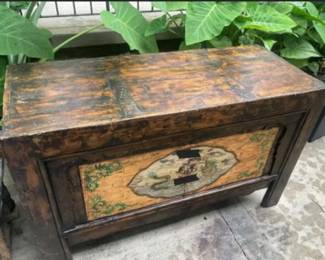 Vintage Chinese Lacquered Wood and Brass Hardware Cabinet 