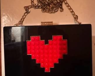 Rare Les Petits  Joueurs Lego Heart Clutch Gold Chain Shoulder Strap Dust Bag Included 