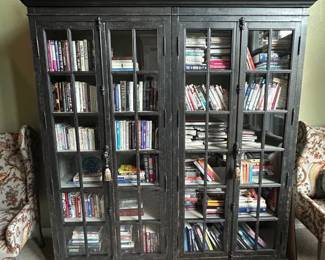 Large Glass Door Bookcase – Distressed Black 4-Door Library Cabinet with Shelves