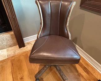 Rustic Modern Brown Leather Swivel Office Chair – Adjustable with Casters