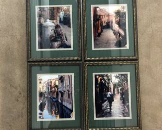 Set of 4 Framed European Street Scene Prints – Color Photography with Green Matting