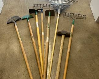 Lot of Garden Tools, Rakes, Hoes, Picks, Spades with Sledgehammer