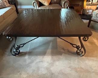 Handcrafted Square Wood & Wrought Iron Coffee Table – Rustic Mediterranean Style