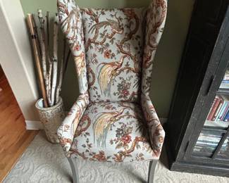 Vintage Chinoiserie Wingback Accent Chair – Exotic Bird & Floral Upholstery, Gray Cabriole Legs