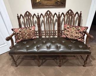 Gothic Revival Carved Wood Bench with Tufted Leather Seat – Antique-Style Hall or Entry Seating