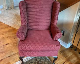 Traditional Wingback Armchair – Upholstered Red Fabric w/ Queen Anne Wood Legs