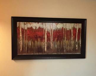 Large Framed Wall Art Autumn Birch Tree Forest Painting with Red Leaves – Modern Rustic Decor
