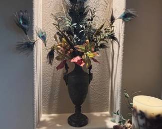 Vintage Bronze Style Urn Vase w/ Floral Arrangement & Peacock Feathers Estate Decor