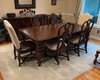 10-Piece Formal Dining Room Table Set w/ Leaf – Carved Wood Inlaid Top & Upholstered Chairs