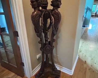 Carved Wooden Pedestal Stand with Winged Female Figures & Ornate Detailing