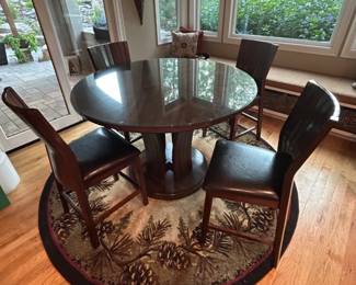 Sophisticated 54” Round Wood & Glass Dining Set – Pedestal Table + 4 High-Back Chairs