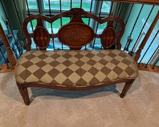 Vintage Carved Wood Settee Bench Inlaid Backrest Upholstered Seat French Style