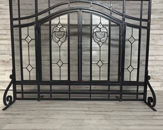 Wrought Iron Fireplace Screen w/ Glass Inserts – Arched Doors, Decorative Ironwork