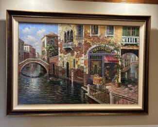 Framed Oil Painting Venice Canal Trattoria Gondola Scene Signed Ramirez Artwork