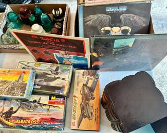 Glass insulators, vintage military models, albums