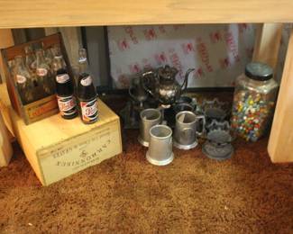 Pepsi Bottle Carrier, Wine Box, Steins, Jar of Marbles