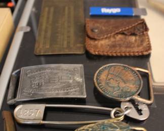Indian Head Buckle, Military Clothing Pin, Compass, Leather Change Purse, Faygo Item