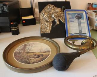 Art, GM Tray, Embosssed Dog Art, Brass Horn