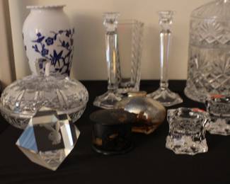 Covered Crystal Dish, Vase, Candle Holder Bank
