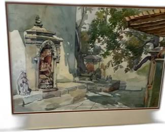 Original Ratna Dip Watercolor Painting - Temple Scene
