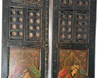 Antique Hand-Painted Carved Iranian Wooden Doors - 5’5” x 14” Each Panel