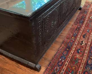 Black Carved Wooden Chest Console with Glass Top - W5’1” x H22” x D19”
