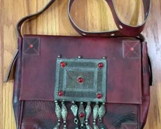 Vintage Persian Leather Shoulder Bag with Silver Pendant


