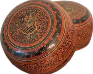 Antique Hand Painted Burmese Laquer Bowl Lacquerware - Set of 2