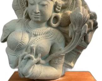 Indian Temple Sculpture with Wooden Stand - 15” Tall