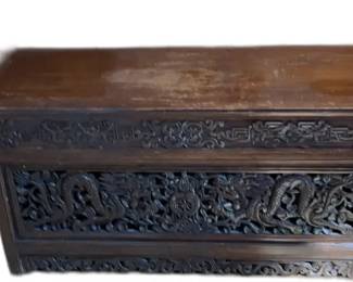 Antique Carved Wooden Bench with Dragon Motif


