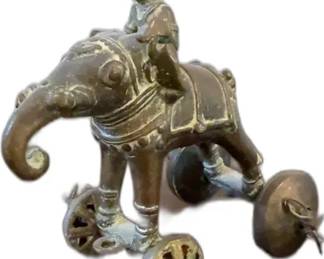 Antique Indian Elephant with Rider on Wheels Temple Toy - 6” Tall


