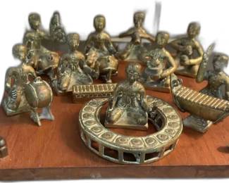 Minitature Solid Brass Thai Musician Figures Playing Instruments 16-Piece incl Wood Base