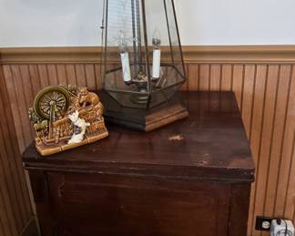 Sewing Machine Cabinet with Stool has New Home Sewing machine in it