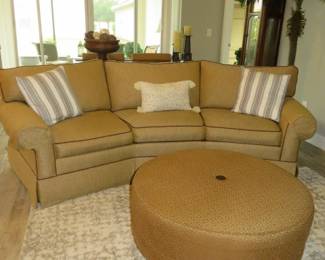 Ethan Allen Upholstered Curved Sofa & Large Round Ottoman