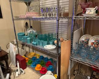 LOTS OF BEAUTIFUL DISHES FIESTA AND GLASSWARE LIKE JAMESTOWN PINK AND BLUE LOTS OF VINTAGE GLASSES