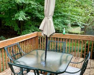 PATIO TABLE, 4-CHAIRS, UMBRELLA AND STAND