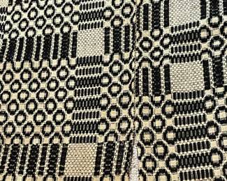 Antique Overshot Black/Cream Coverlet(ca. Late 1800’s)
Approximately 65”x90”
Center Seam