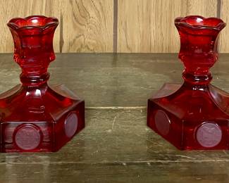 Fostoria Ruby Red Coin Glass Candlesticks