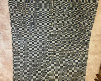 Antique Overshot Quilting Fabric Navy/White (ca. Late 1800’s)
2 unfinished panels 
Approximately 28”x65” Each
With center seam width is approximately 54”