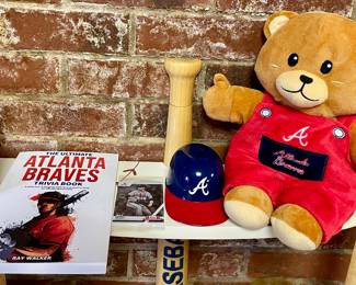 ATLANTA BRAVES COLLECTIBLES LOT: Trivia Book, Sealed Player Cards, Souvenir Ice Cream Hat/Cup, Bear
