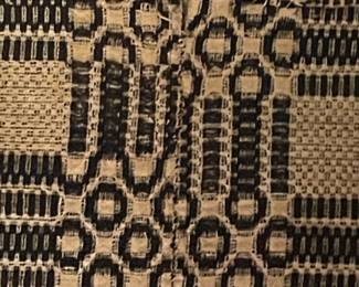 Antique Overshot Black/Cream Coverlet(ca. Late 1800’s)
Approximately 65”x90”
Center Seam