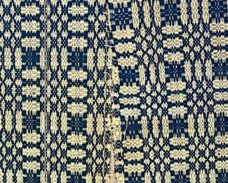 Antique Overshot Quilting Fabric Navy/White (ca. Late 1800’s)
2 unfinished panels 
Approximately 28”x65” Each

With center seam width is approximately 54”