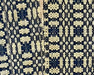 Antique Overshot Quilting Fabric Navy/White (ca. Late 1800’s)
2 unfinished panels 
Approximately 28”x65” Each

With center seam width is approximately 54”
