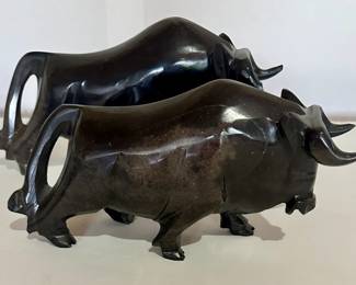 2 Carved Black Onyx Bulls